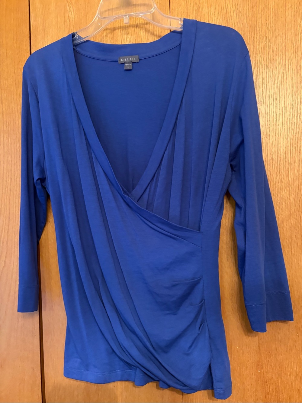 Anthropologie Women L Royal Blue Faux wrap Pima cotton Tee Top Lilla P Surplice